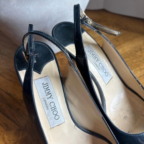 Jimmy Choo Black Patent Leather Slingback Peep Toe High Heel Pumps - Picture 5 of 5